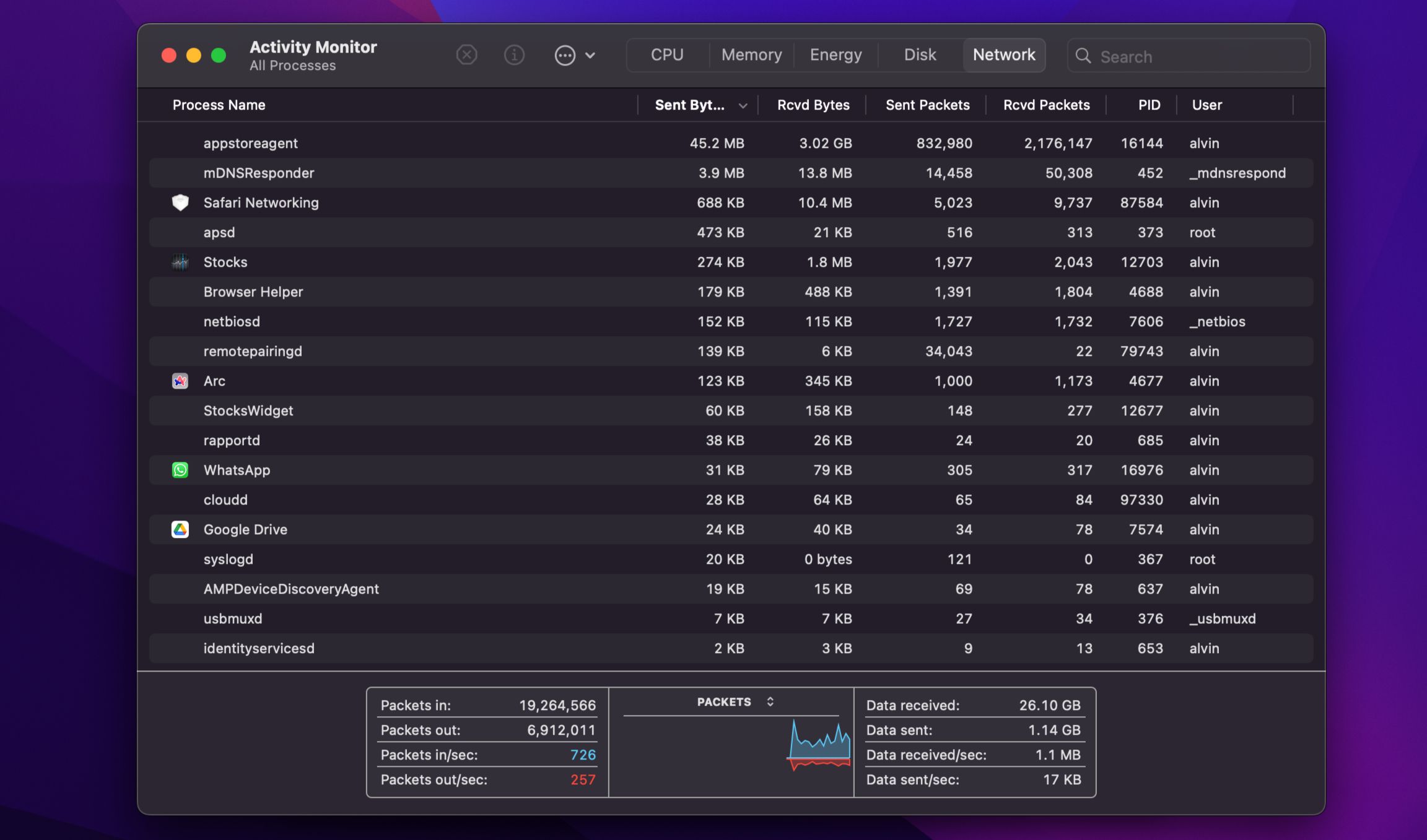 Viewing network usage in macOS activity monitor app