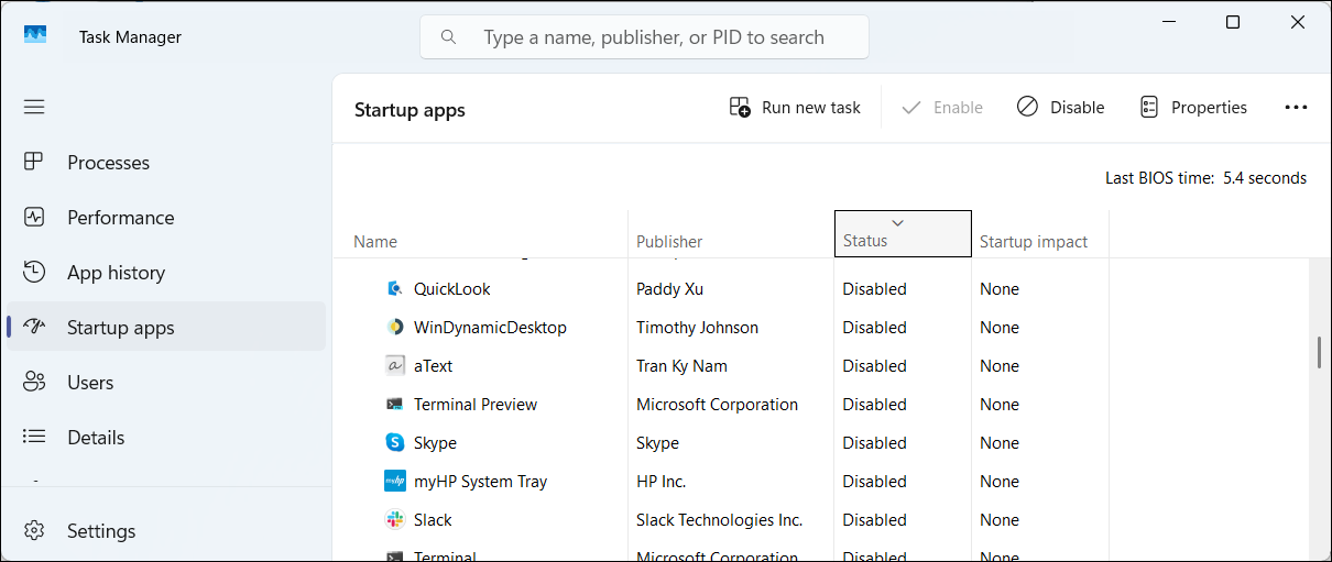 Windows 11 Task Manager Startup apps list