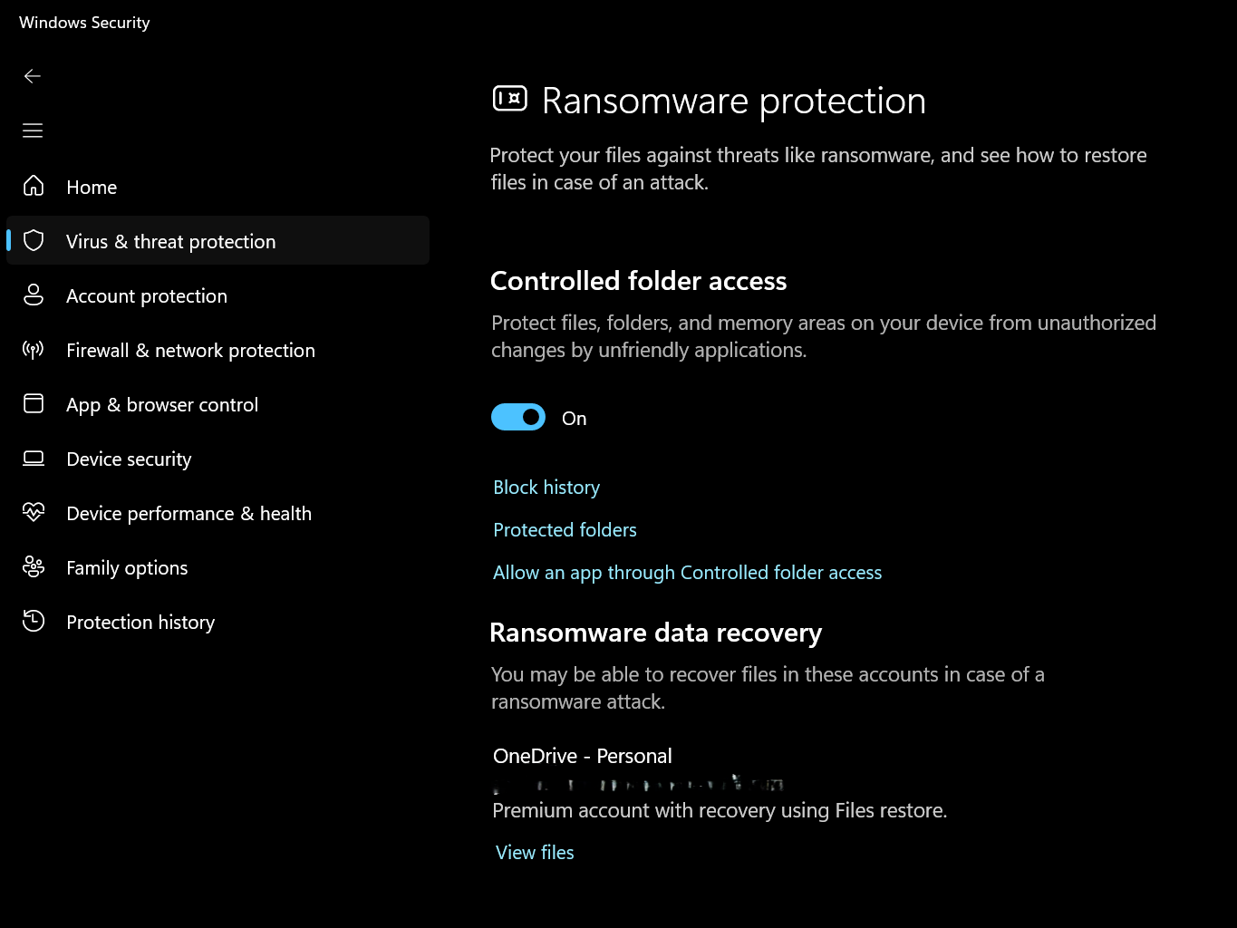 Windows security showing controlled folder access as enabled for ransomware protection.