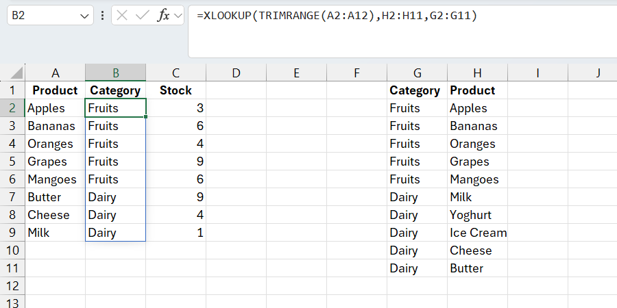 The XLOOKUP function with the errors removed using the TRIMRANGE function.