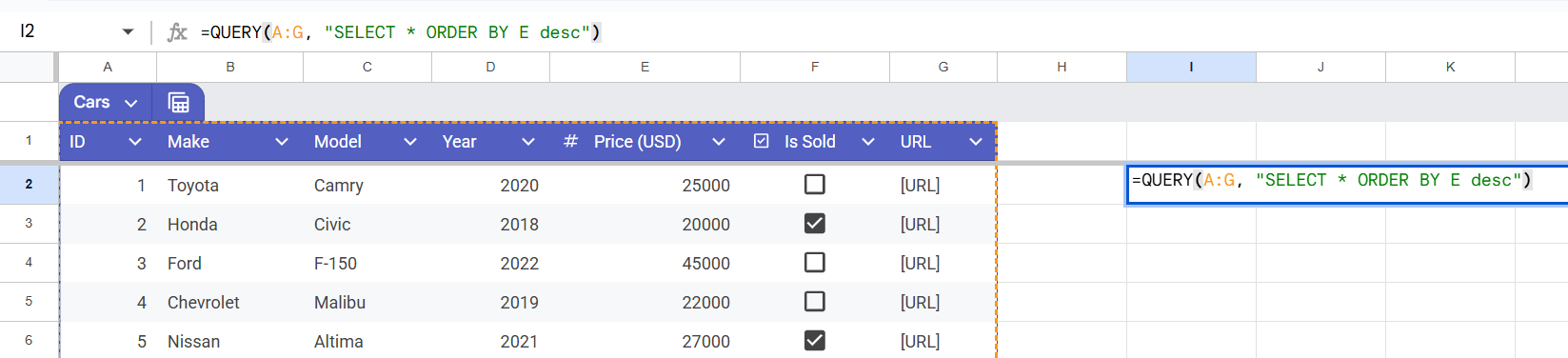 A screenshot showing a QUERY ORDER BY Function in Google Sheets