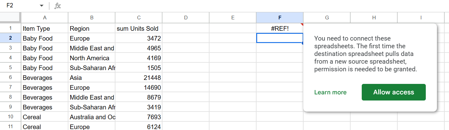 A screenshot showing a request for permission to allow access to an external spreadsheet to perform a QUERY in Google Sheets