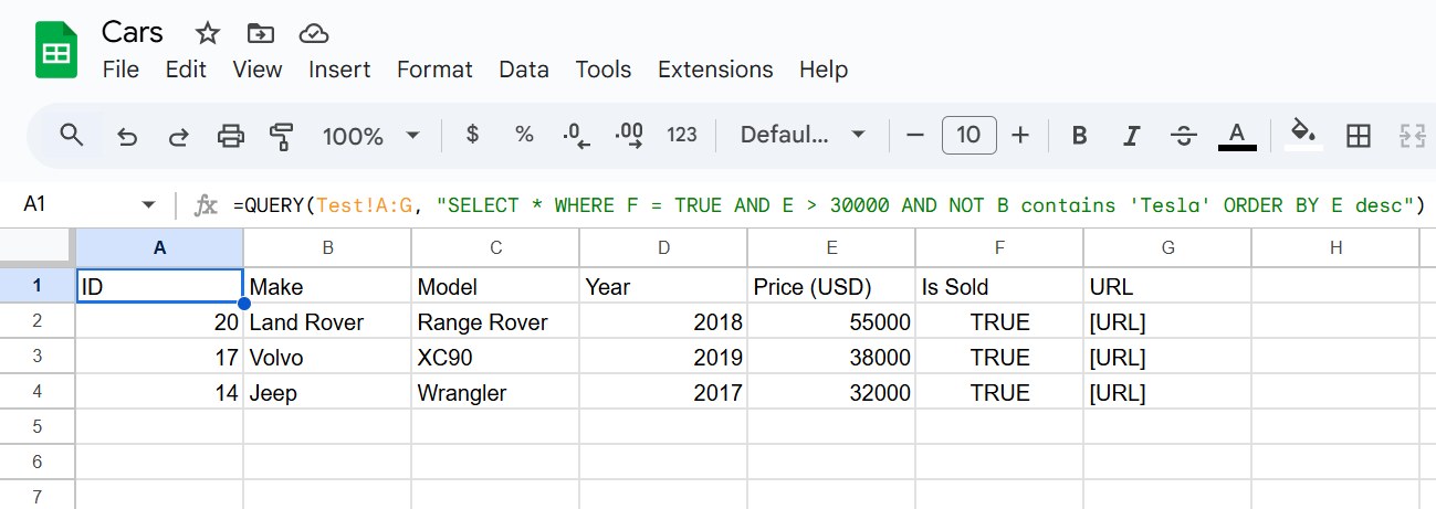 A screenshot showing the results of a QUERY placed on a blank Google Sheets tab