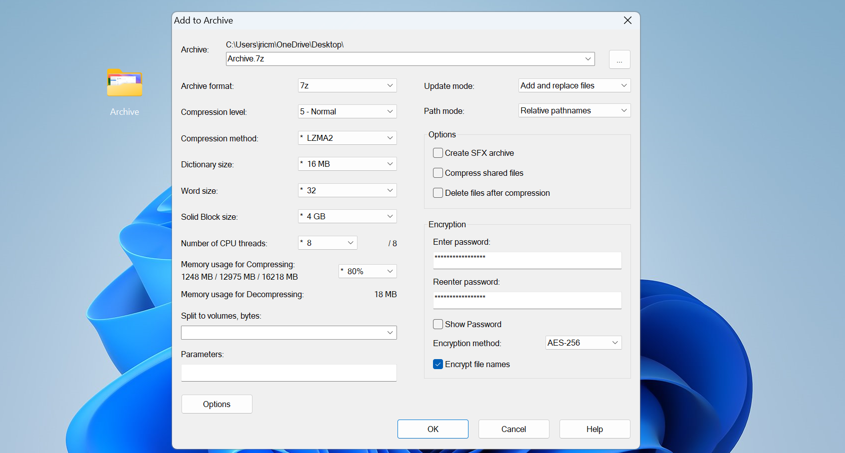 Add password to archive file