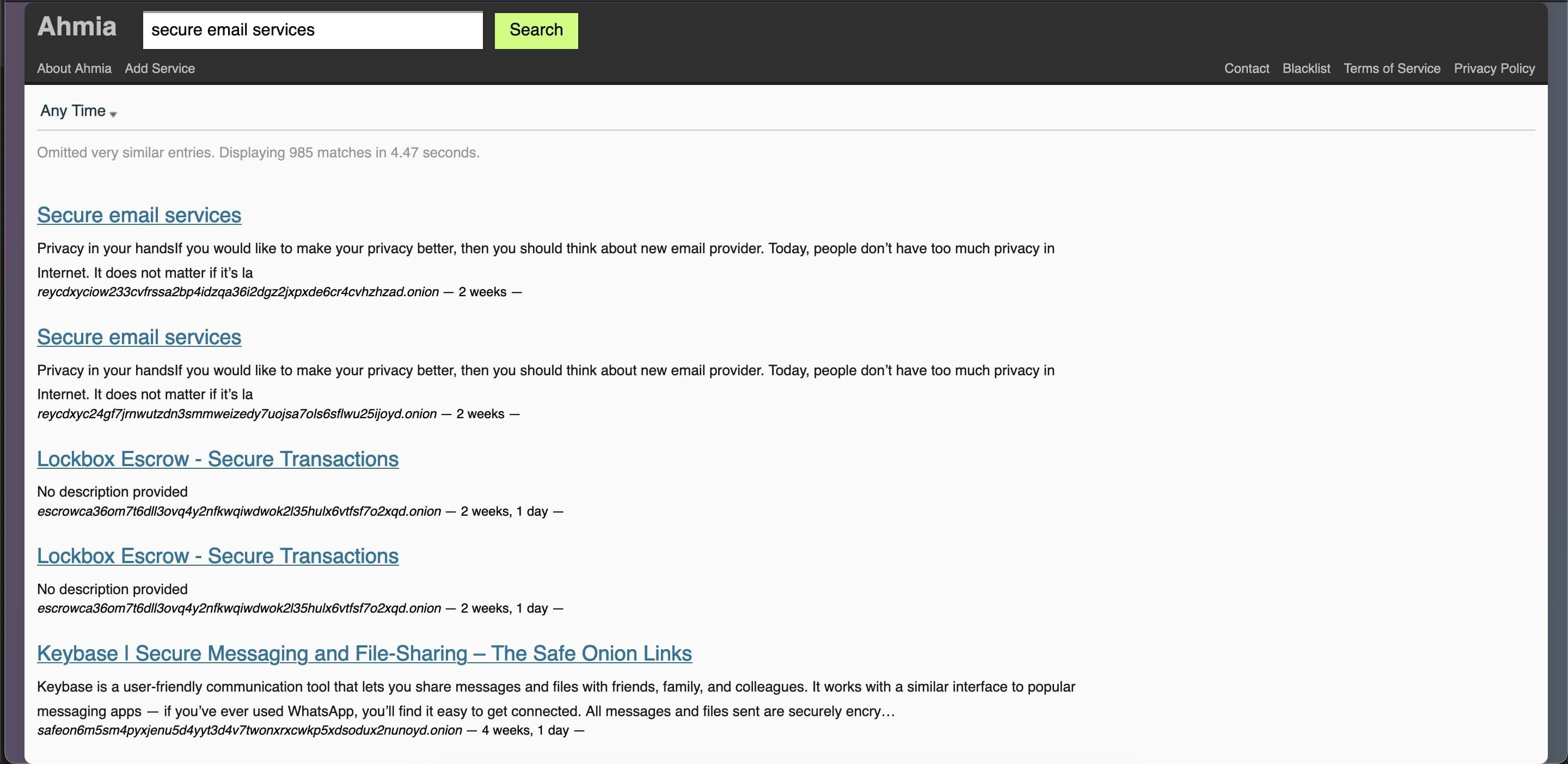 Ahmia search engine results