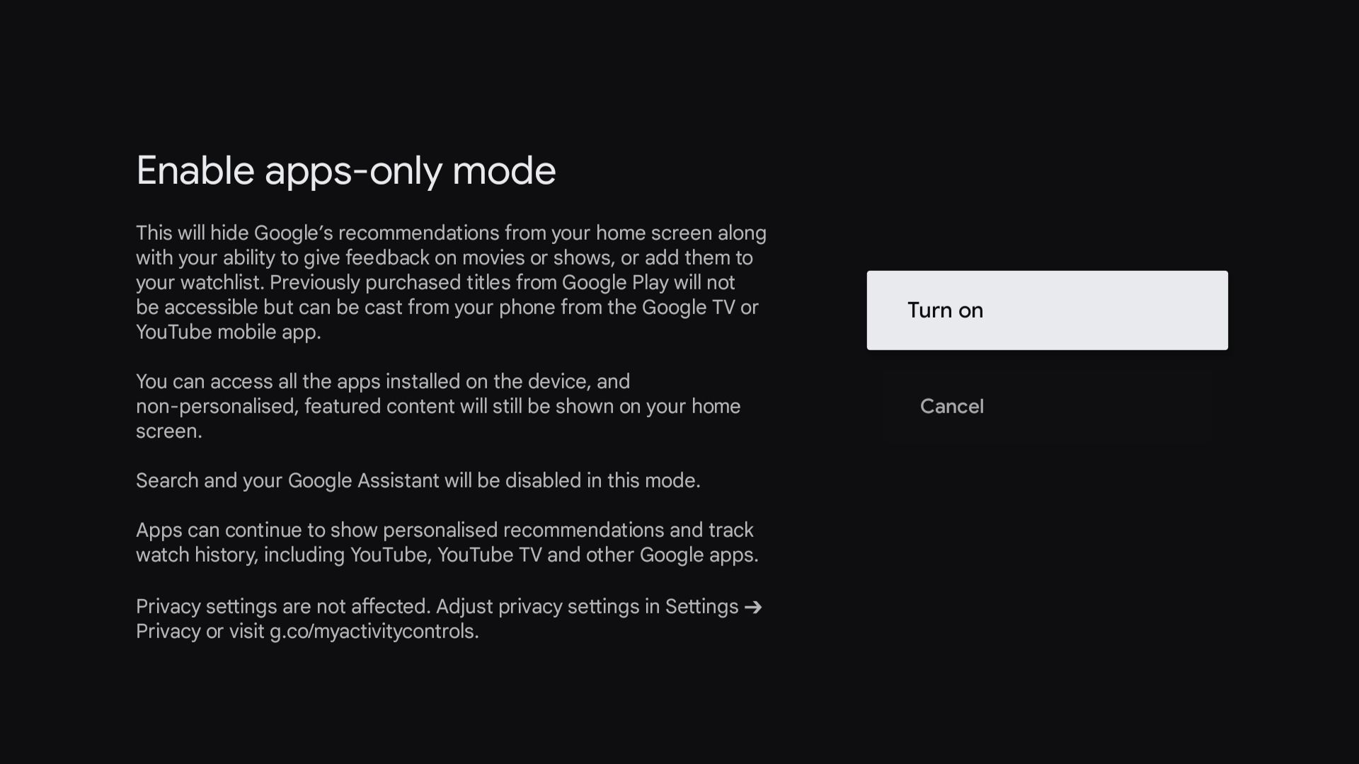 Apps-only mode setting in Google TV