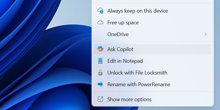The "Ask Copilot" option in the Windows context menu.
