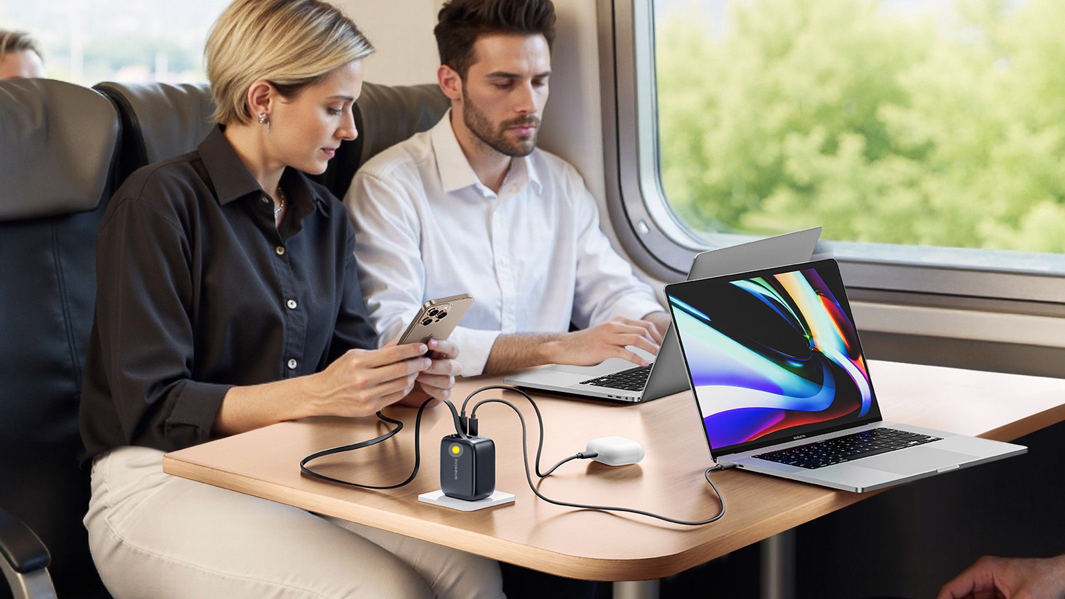 Baseus Enercore 67W chargng an iPhone, MacBook, and AirPods.