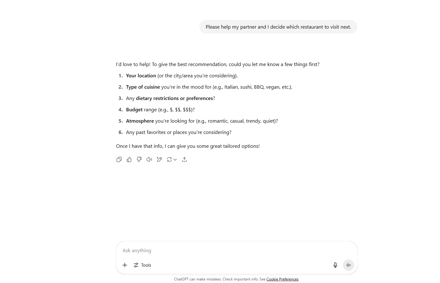 ChatGPT offers reataurant recommendations
