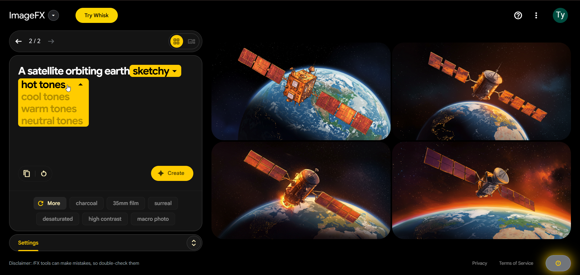 An AI generated image of a satellite orbiting earth, using prompt chips in ImageFX