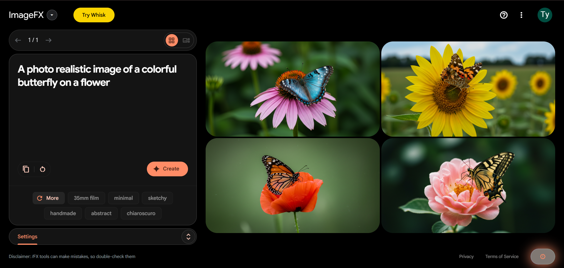 تصویری از ImageFx ، با یک فوری عمومی در سمت چپ و تصاویر در سمت راست تولید شده است