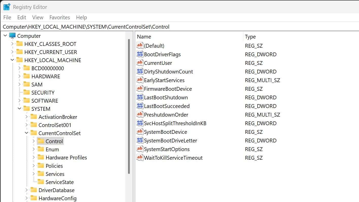 Control parameters in Windows registry editor.