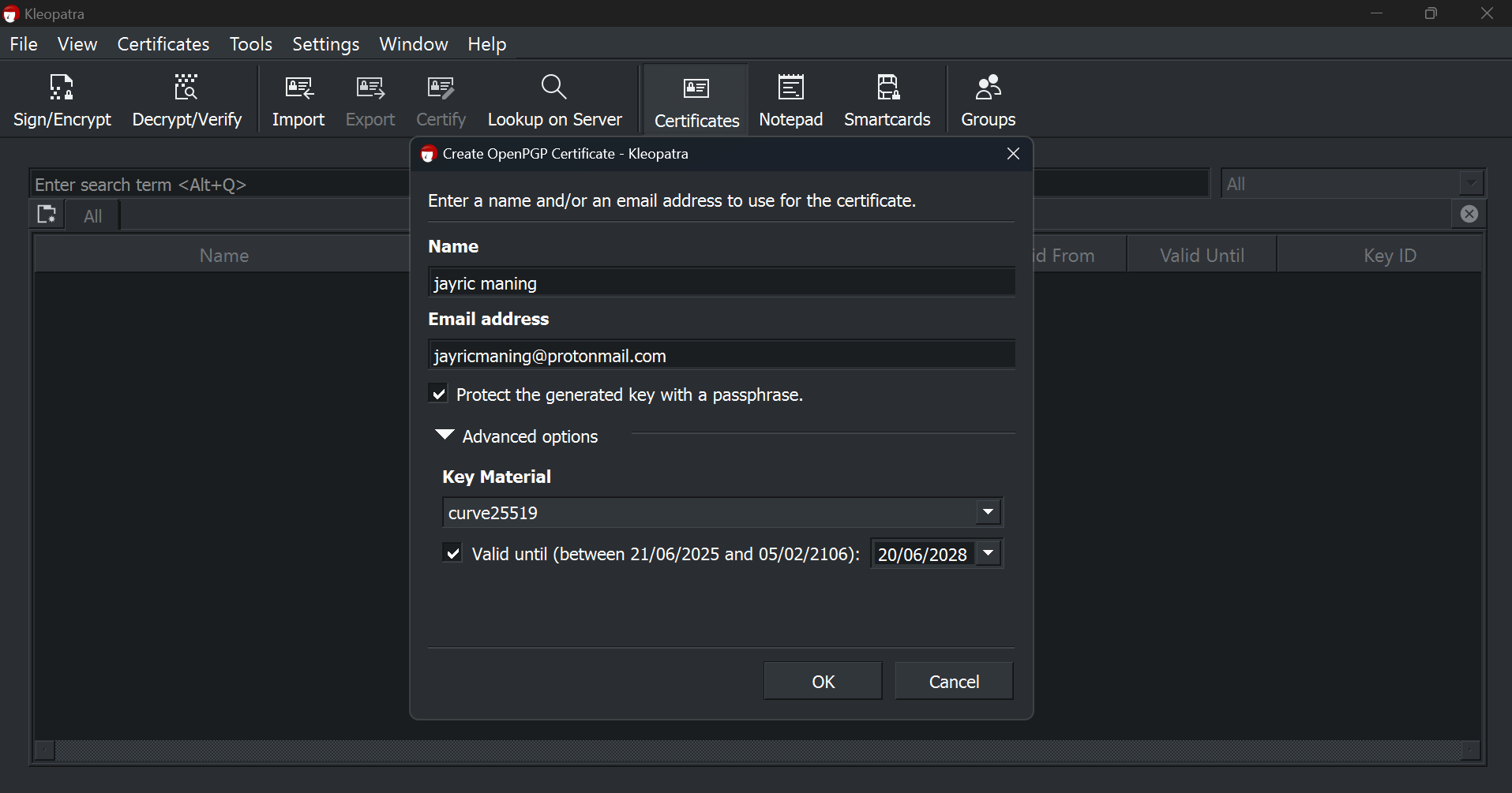 Create new PGP certificate