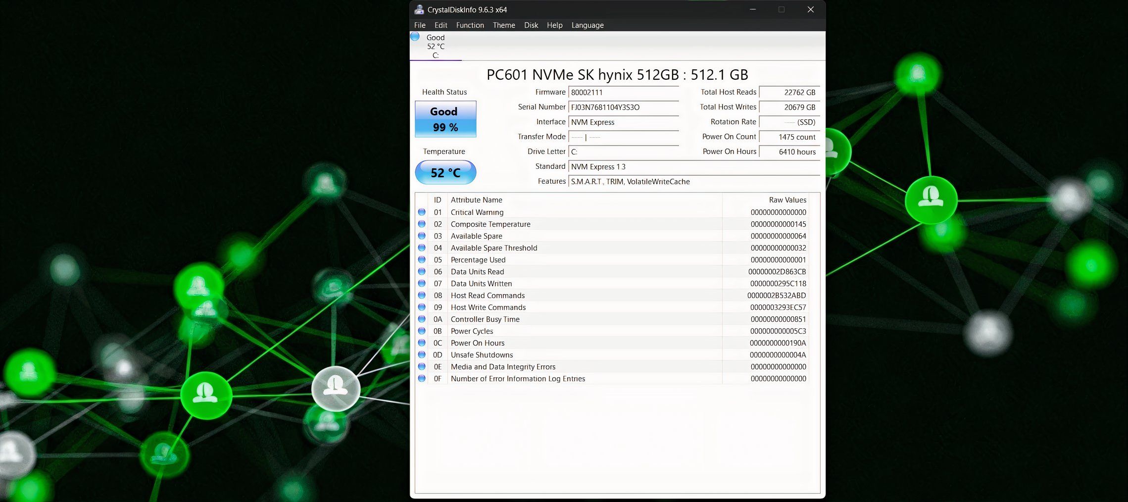 Captura de pantalla de CrystalDiskinfo que muestra la brezal de disco y la temperatura