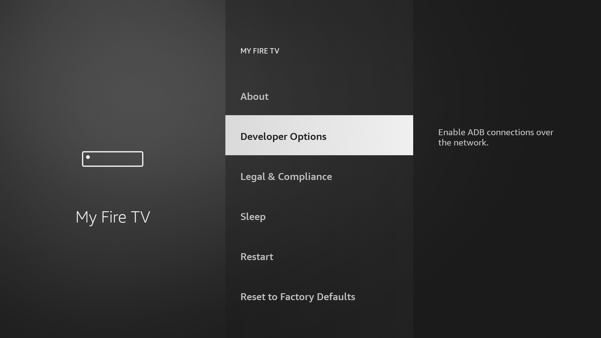 Developer options highlighted in Fire TV