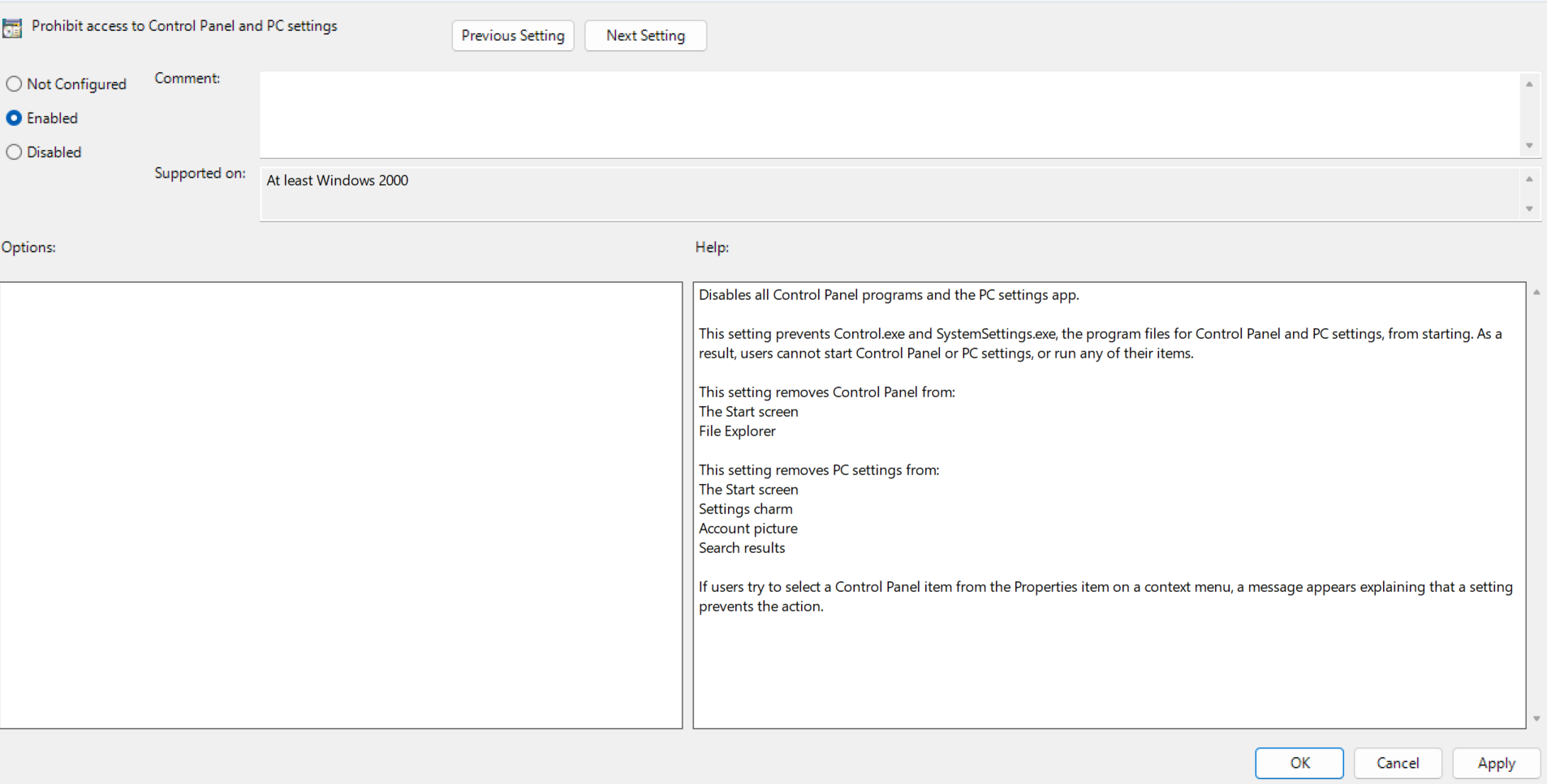 Disable control panel for standard users
