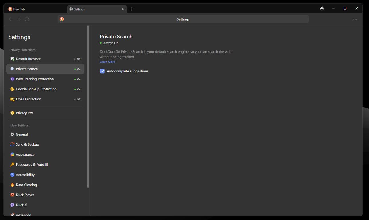 Privacy settings in DuckDuckGo browser