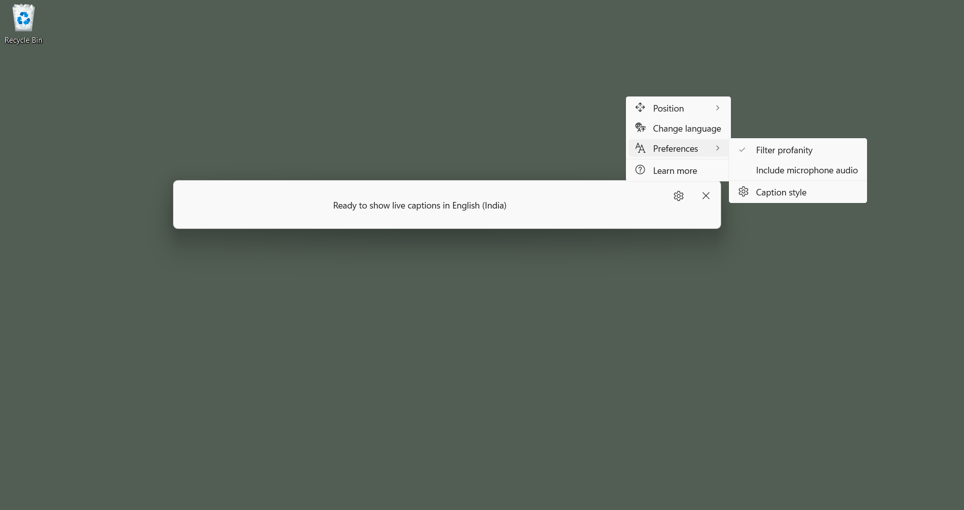 Filtering profanity in the Live captions bar settings