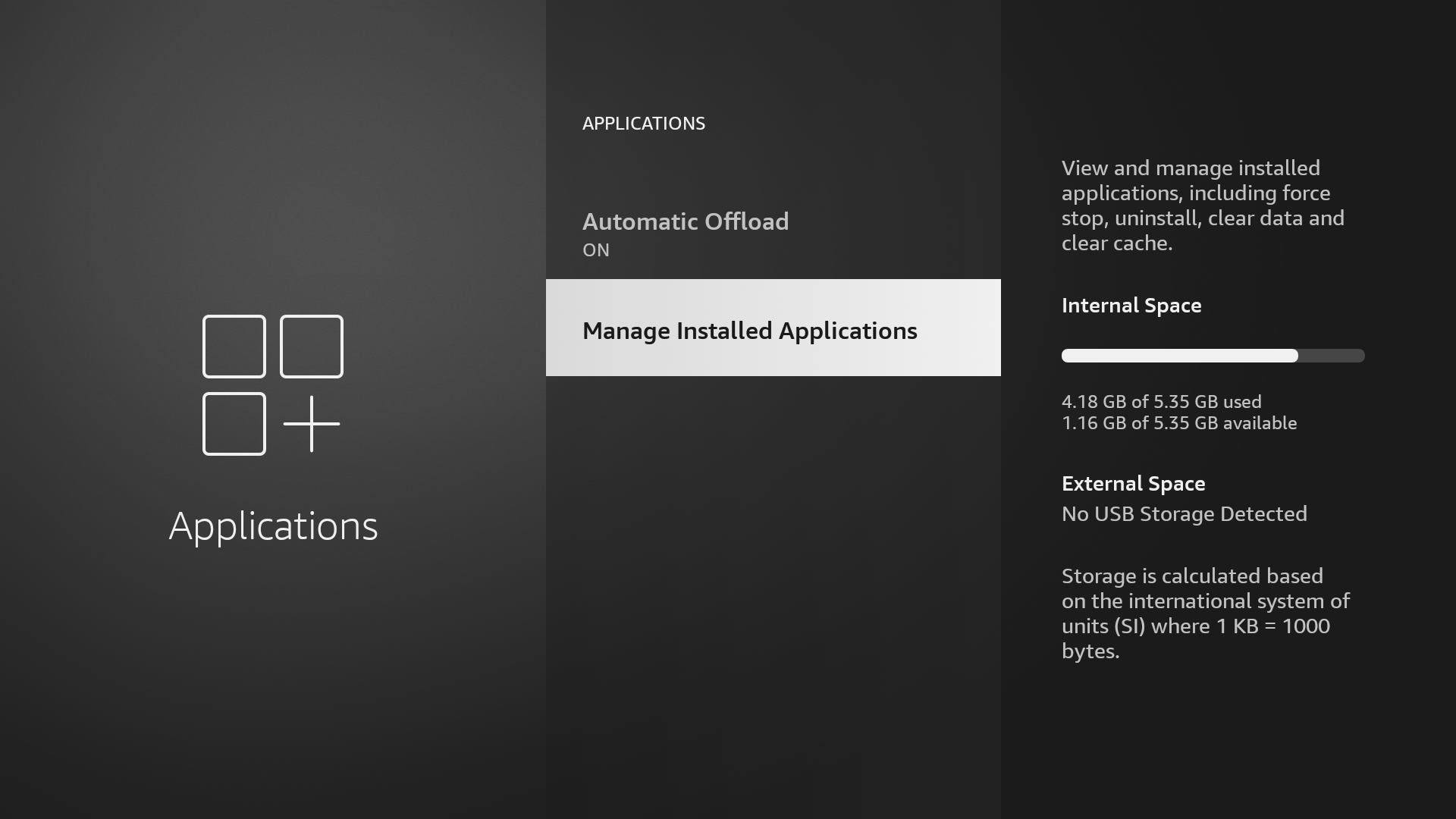 Fire TV apps menu showing storage status