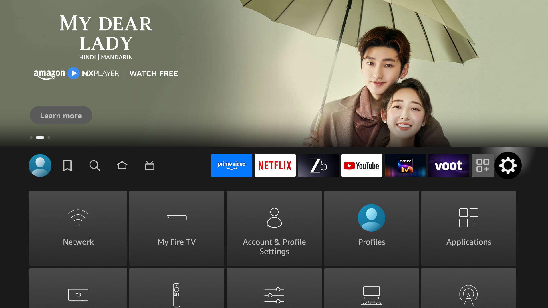 Fire TV home screen with settings icon selected