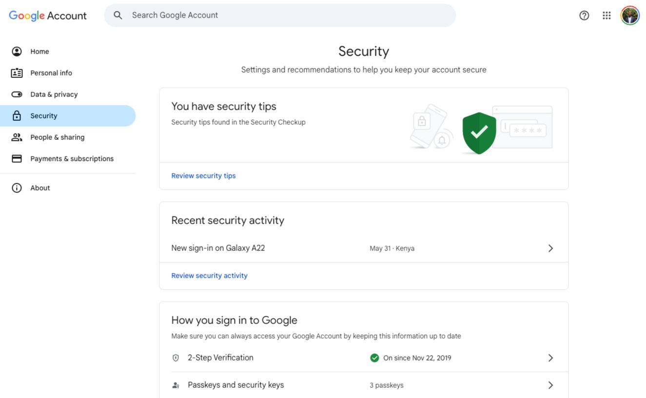 Google account security page