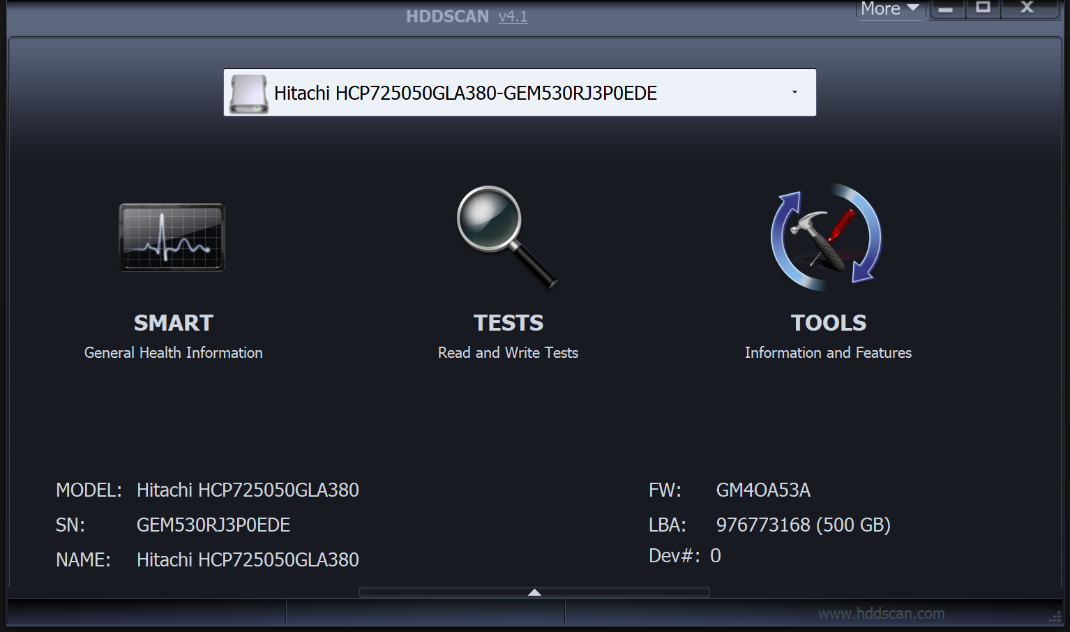HDDSCAN detected the basic information of the hard drive.