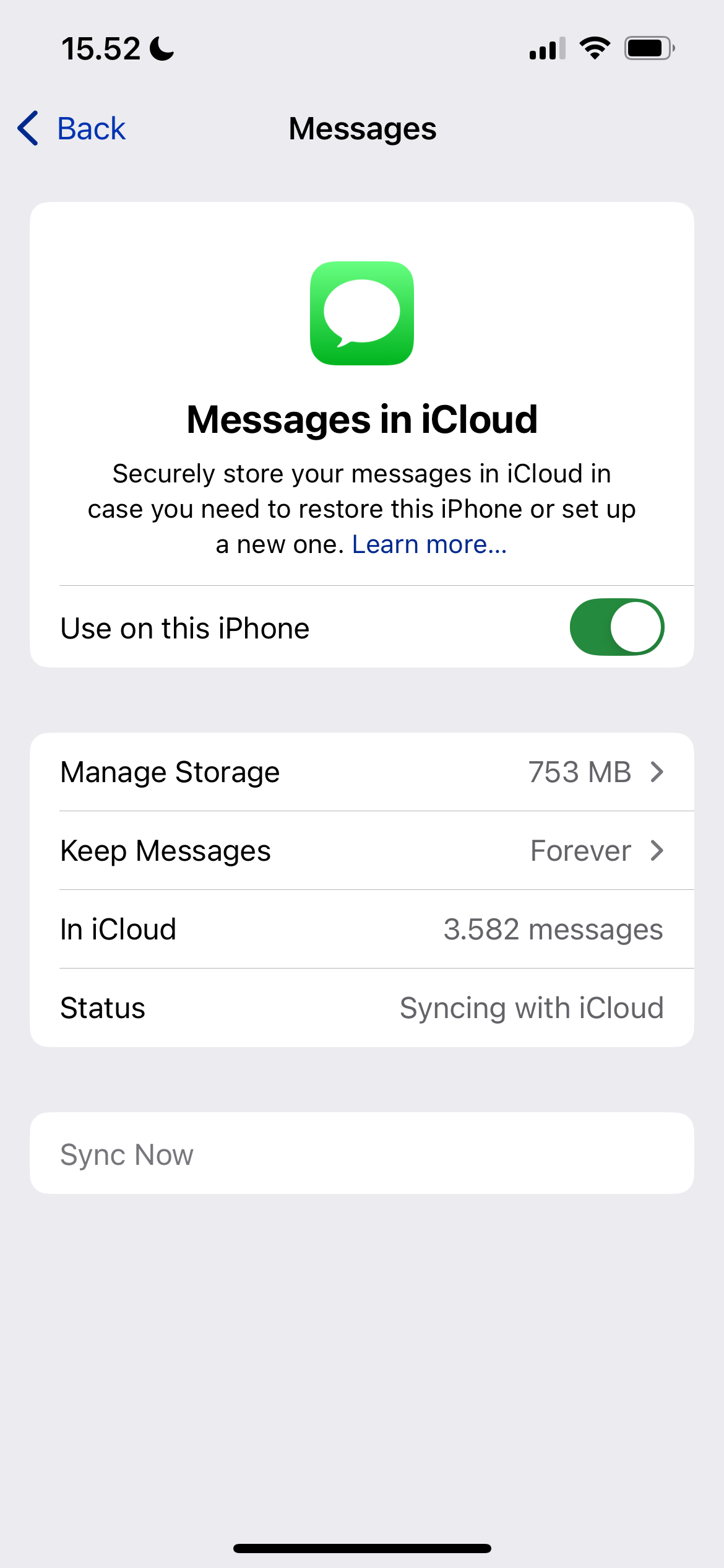 The Messages in iCloud Settings on iOS