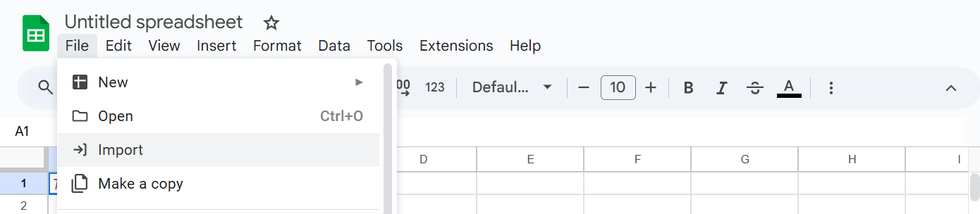 A screenshot showing the Import option in Google Sheets under the File tab