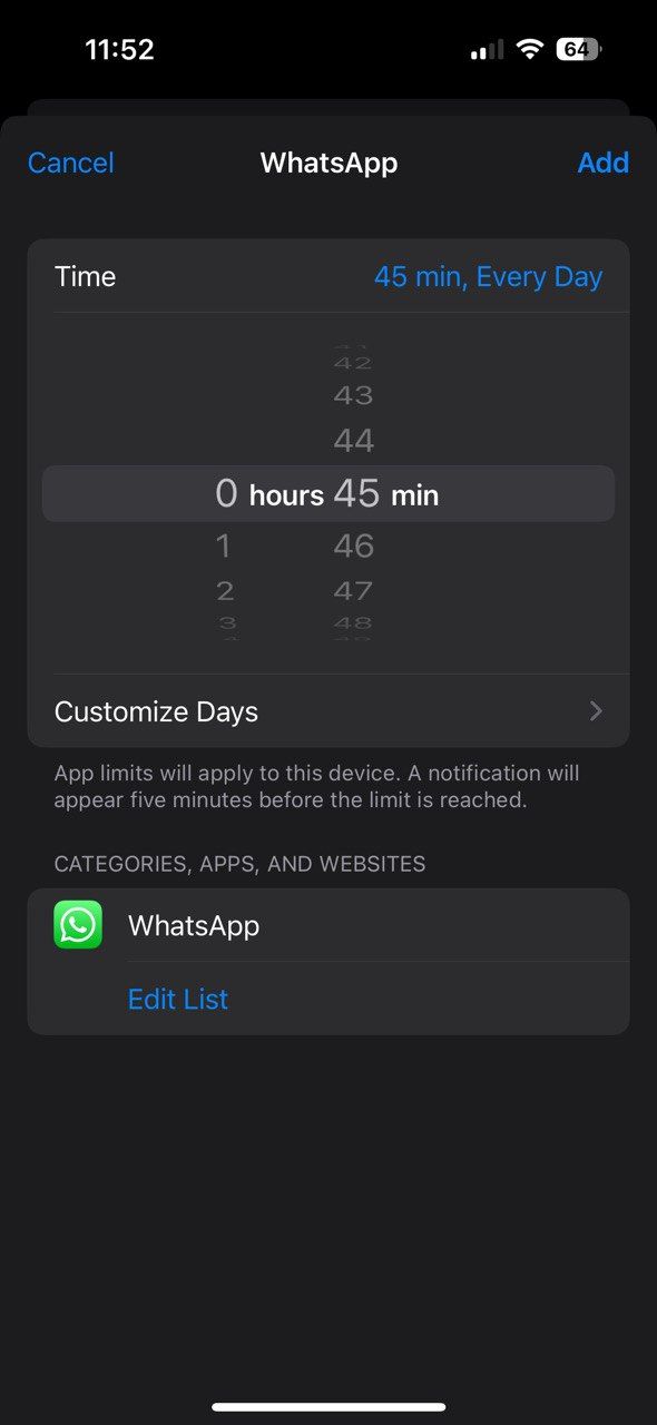 Setting iPhone Screen Time Limit for WhatsApp