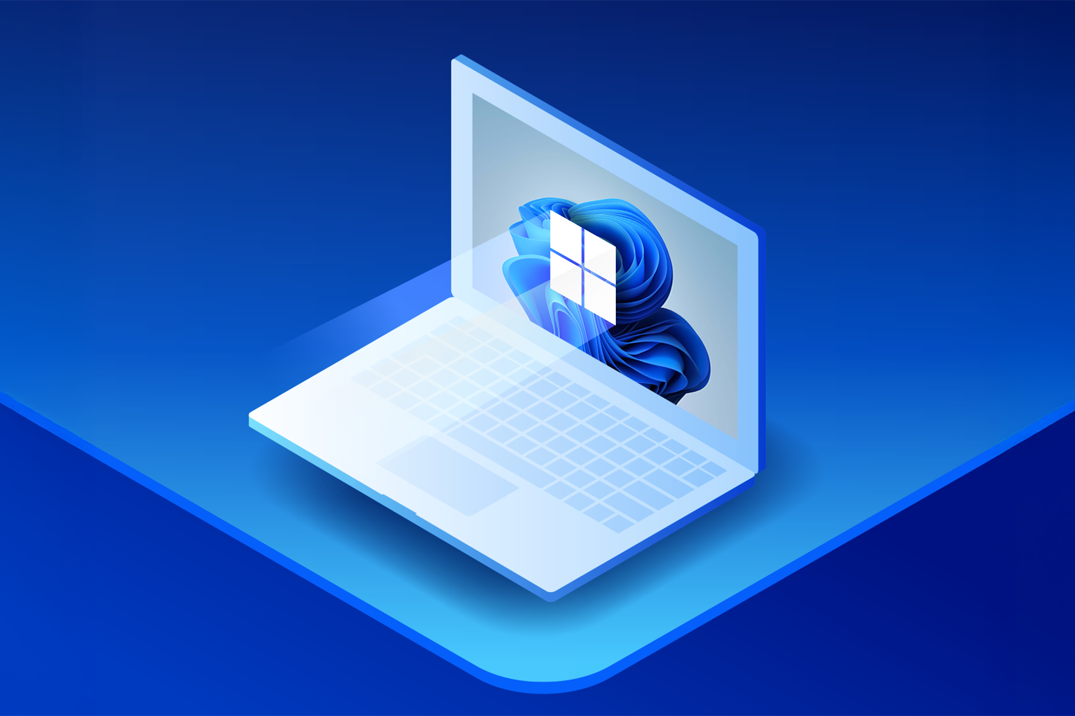 Isometric illustration of a laptop with a glowing Windows 11 logo on the screen, set against a blue gradient background.