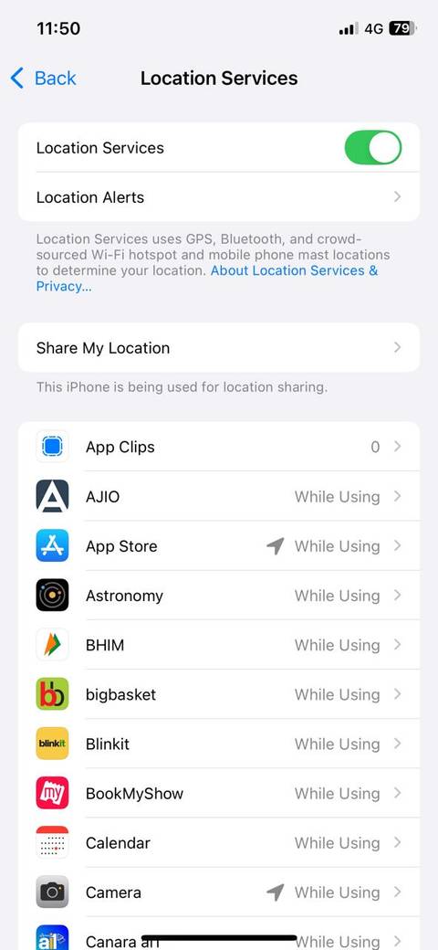 Location services menu on iPhone