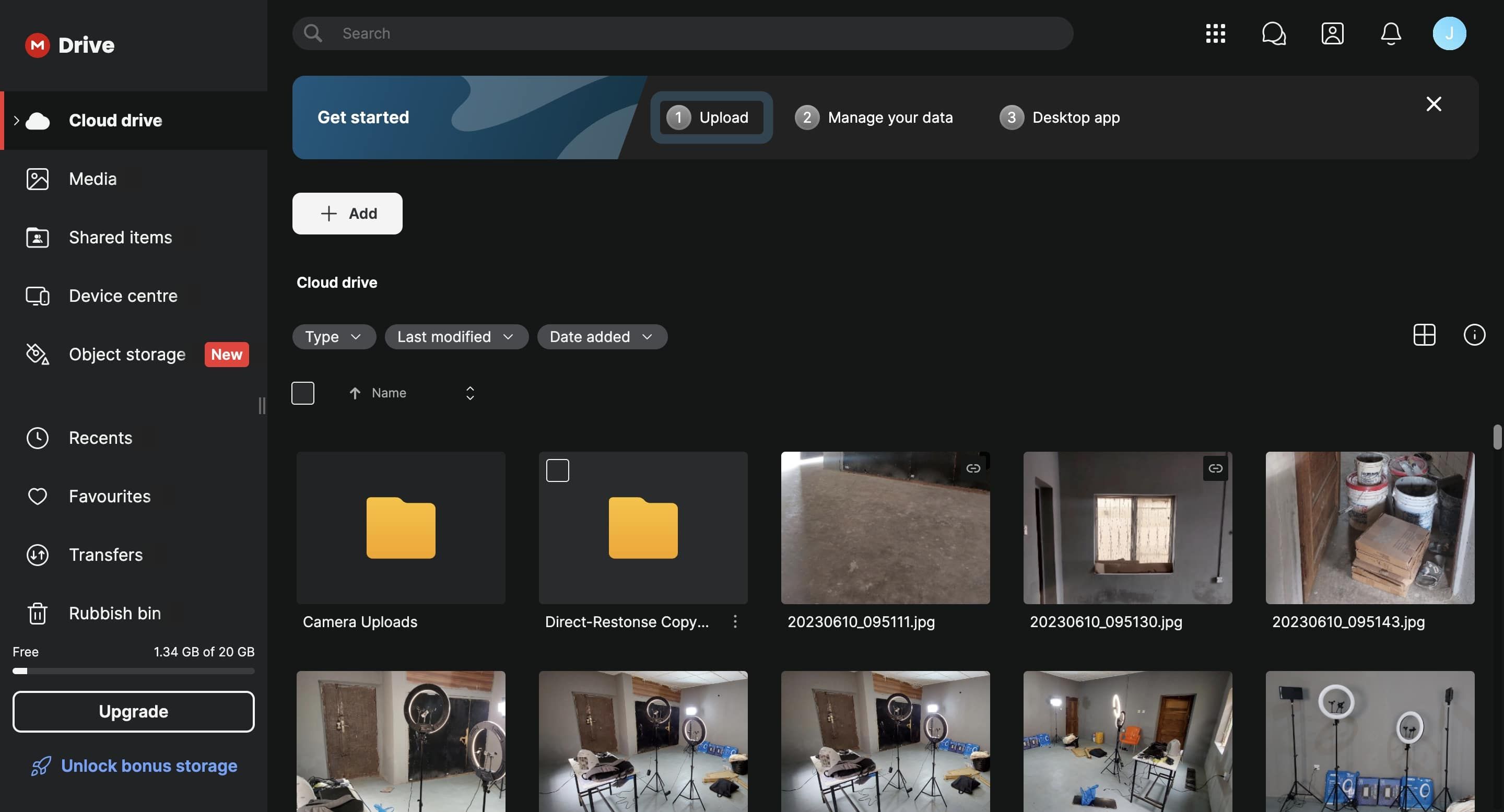 Mega web interface showing uploaded files