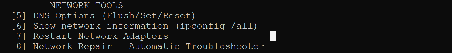 Network Tools options in the Windows Maintenance Tool 