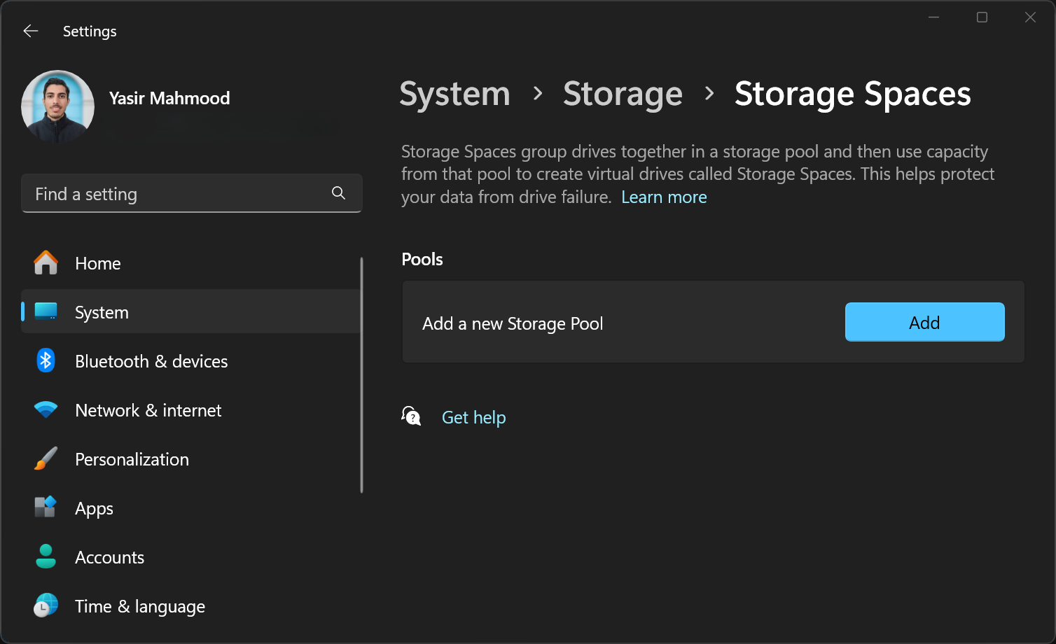 New storage pool option in Windows Storage Space.
