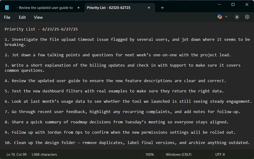 A screenshot of a general list of tasks, ordered by level of importance