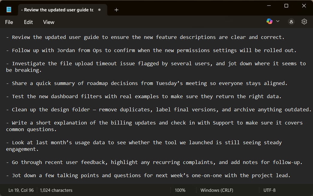 Screenshot of a general list of tasks