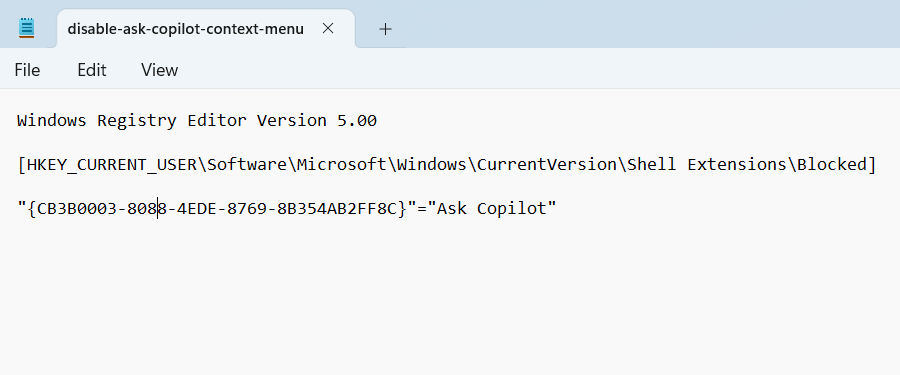 Creating a registry file in Notepad to disable the "Ask Copilot" option in the Windows context menu.