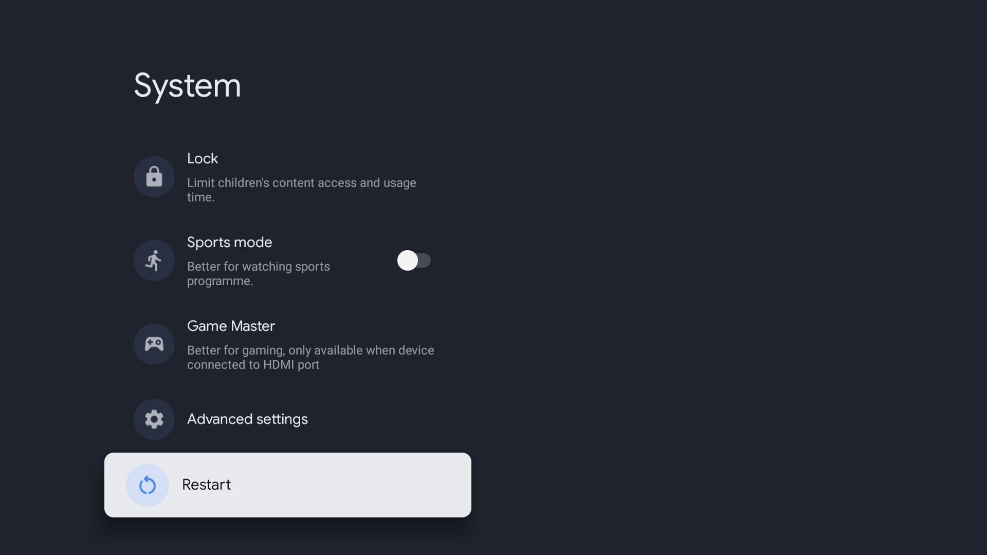 Restart option in Google TV settings