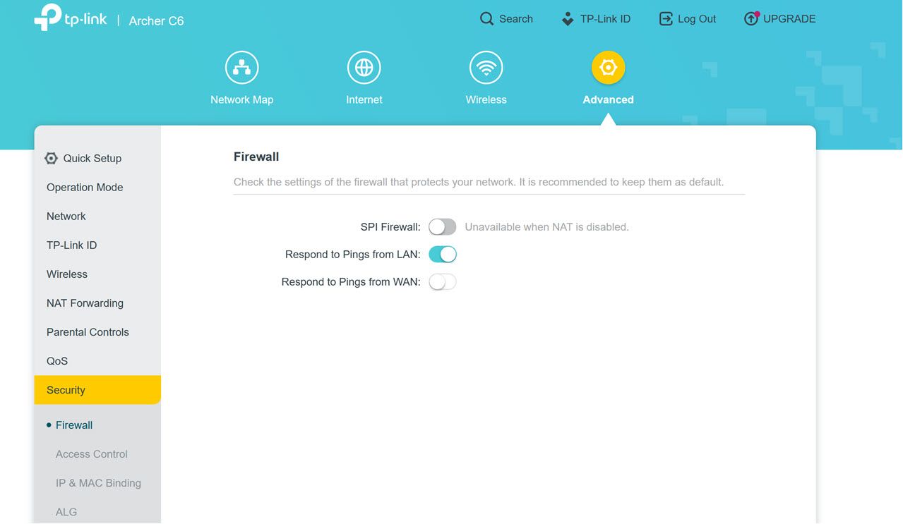 Firewall settings of a TP-Link router