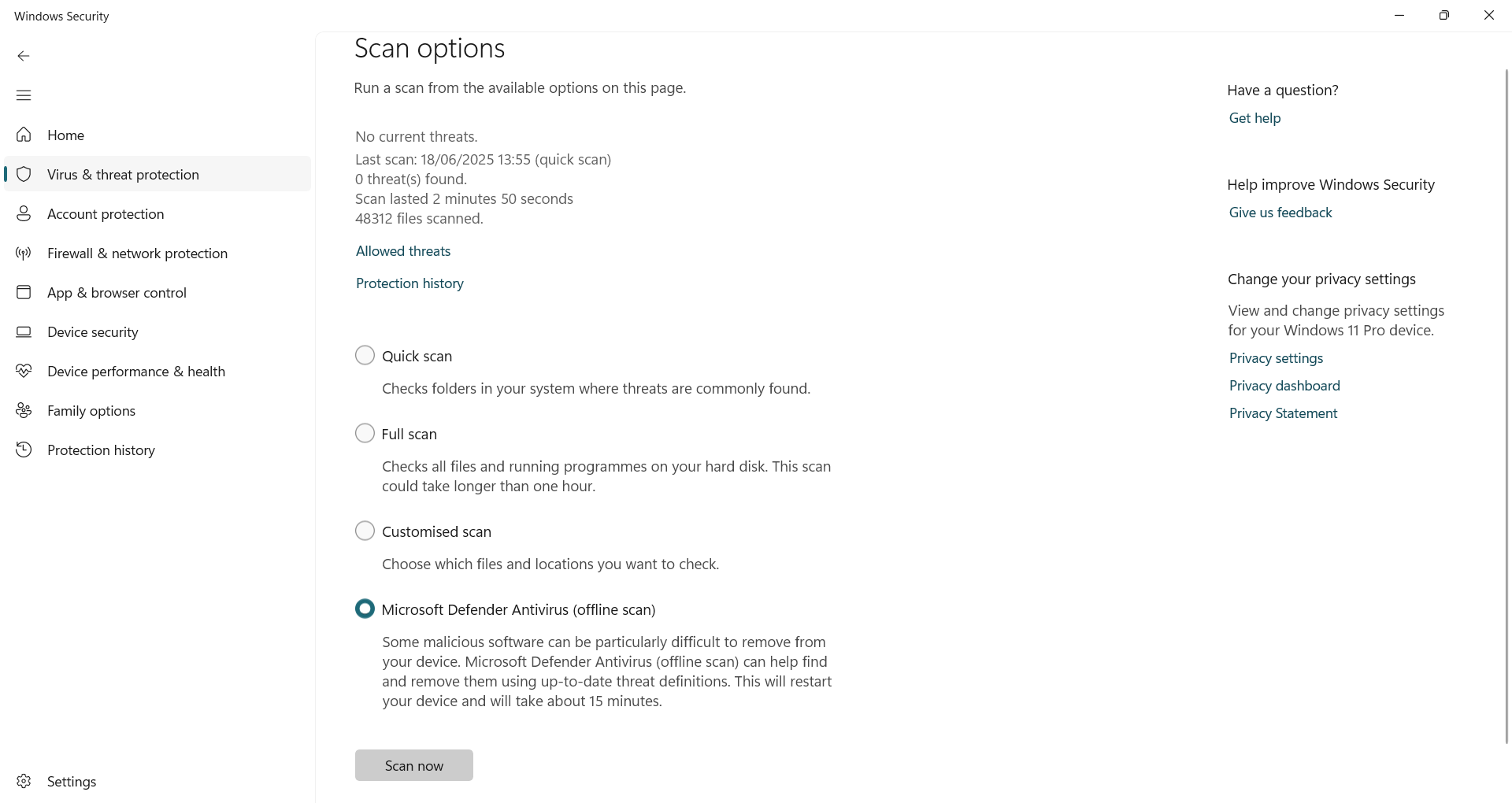 Running offline scan in Windows Security