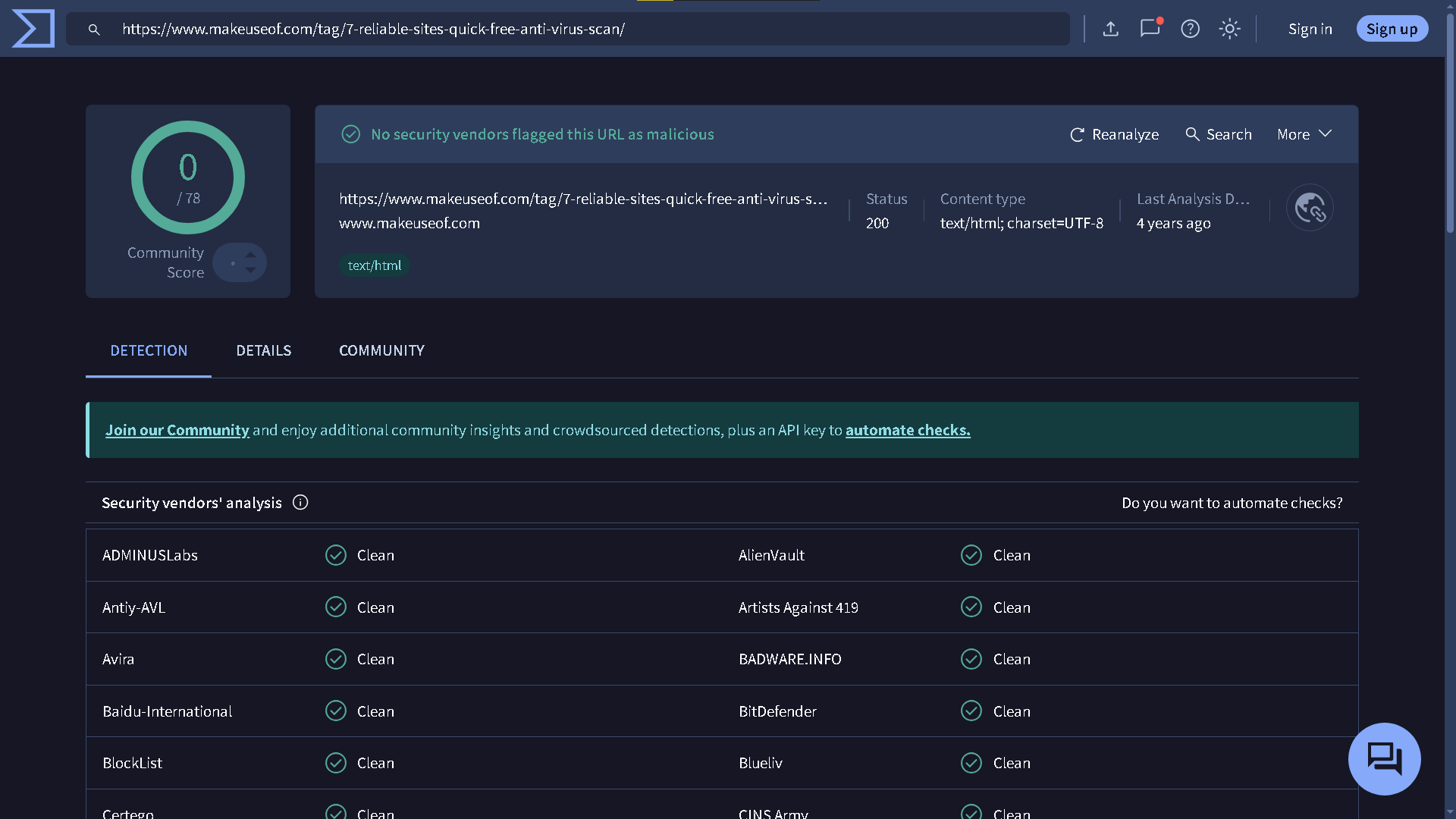 Scanning a URL for viruses using the VirusTotal website