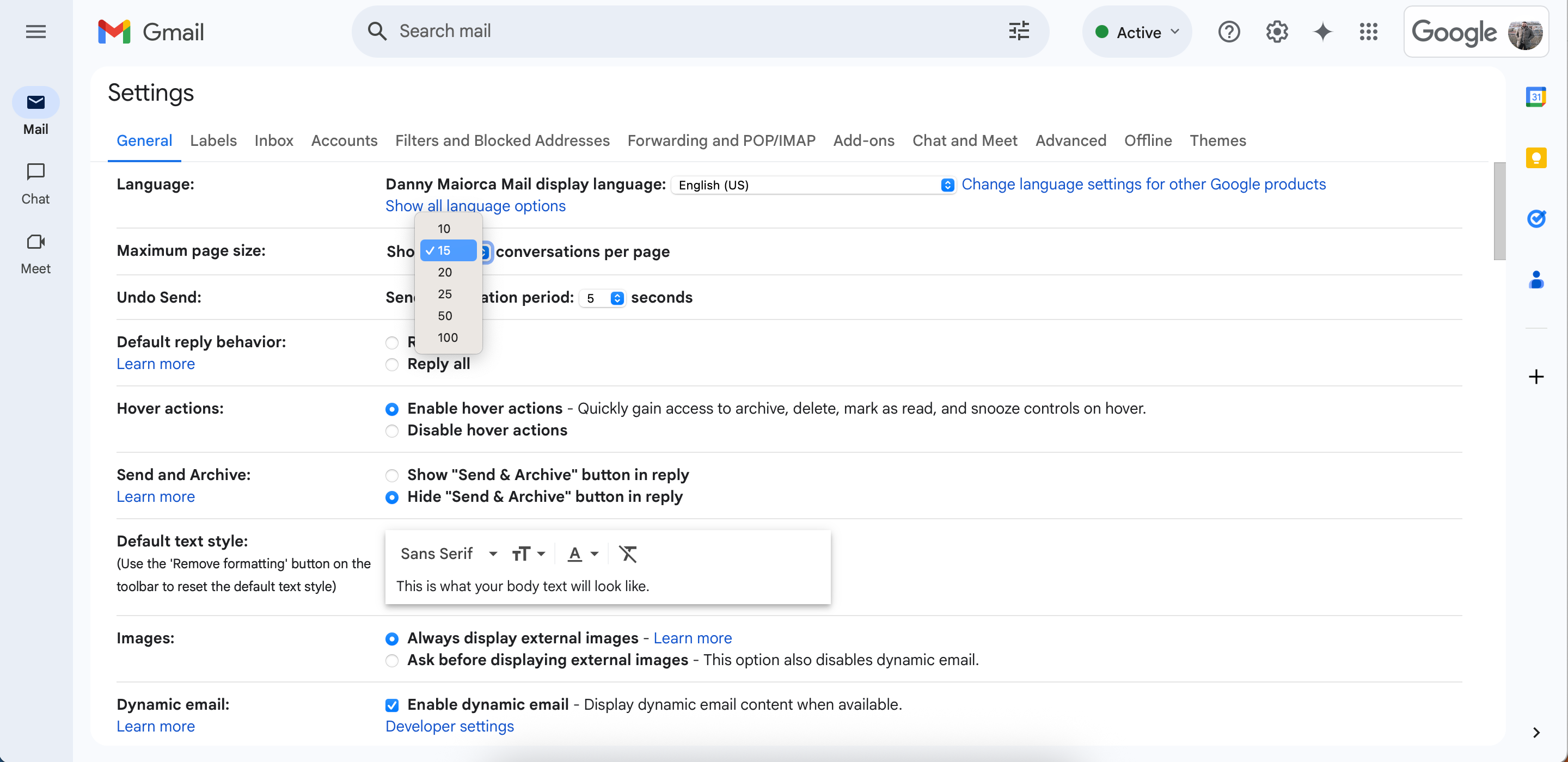Change the number of conversations on the first page in Gmail