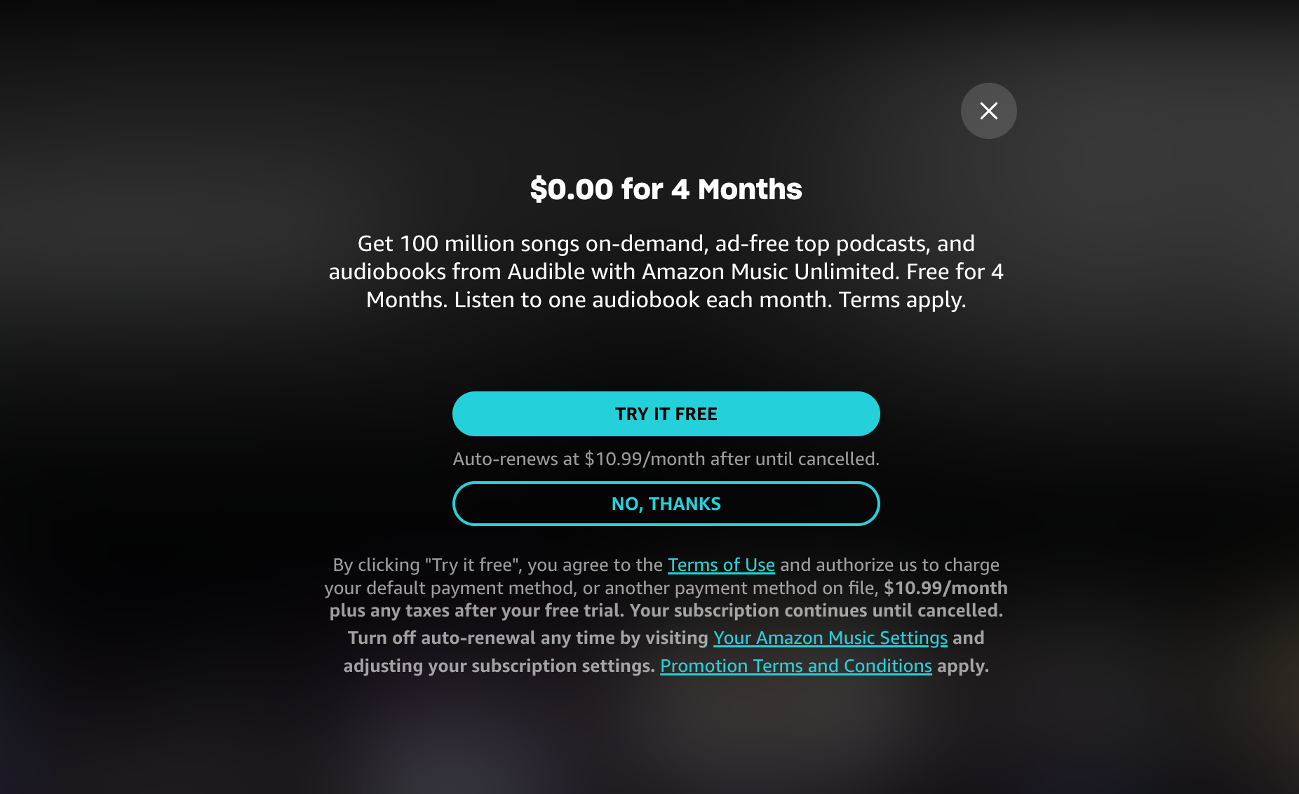 Free trial for Amazon Music Unlimited 