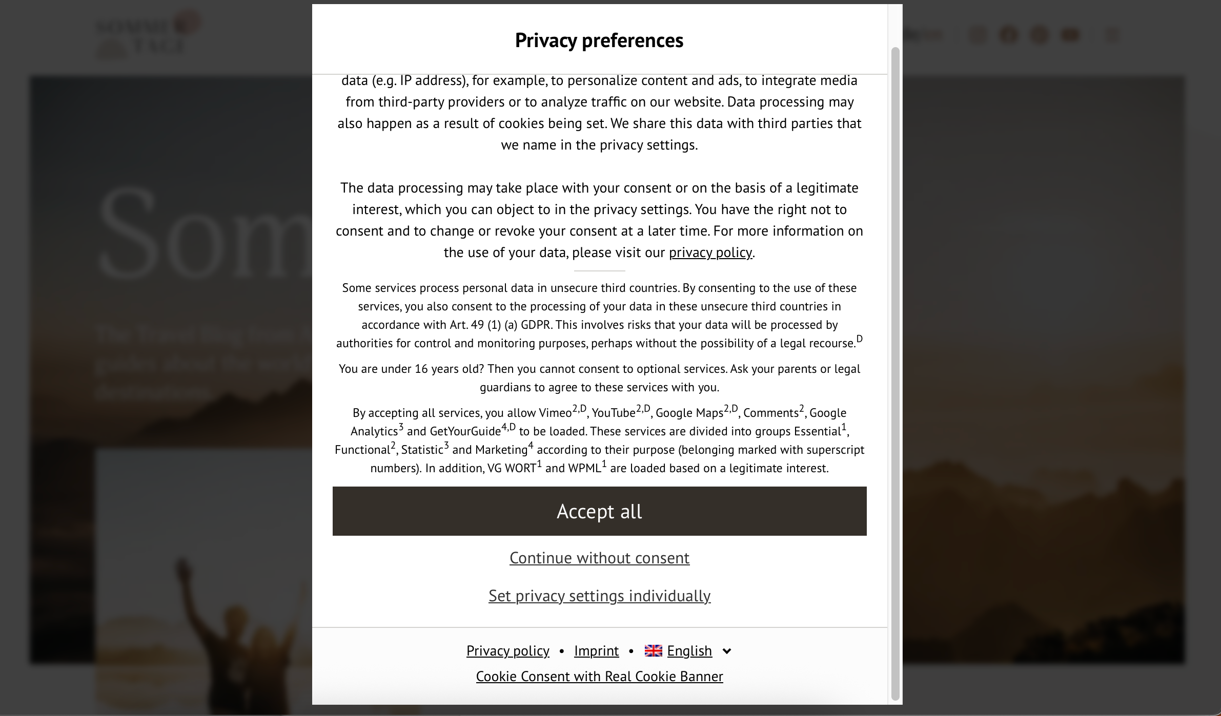 A cookie banner on a website