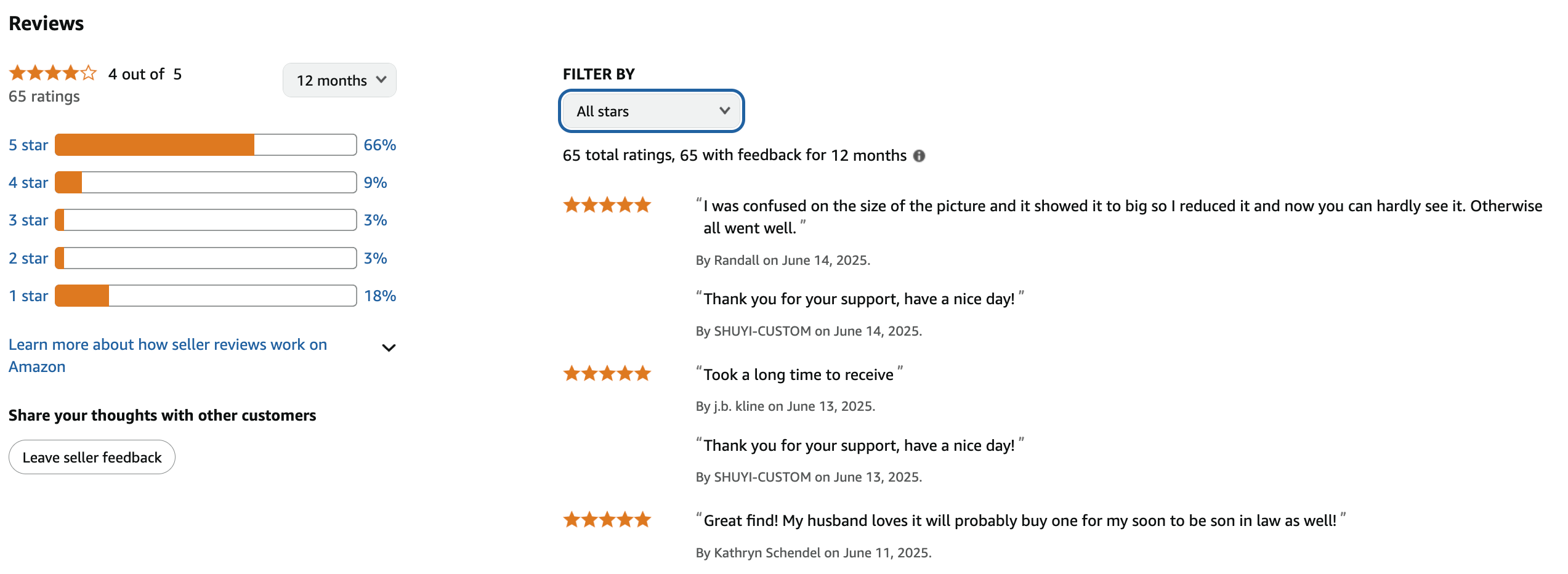 Reviews on a seller's page