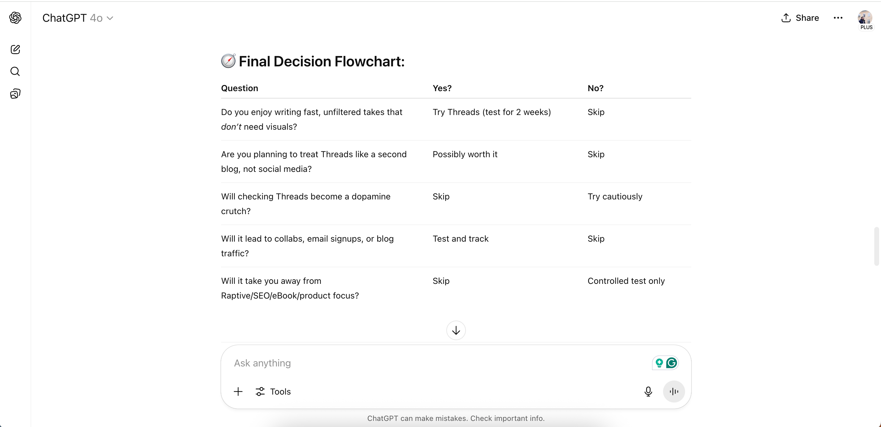 ChatGPT creating a list of pros and cons in the app