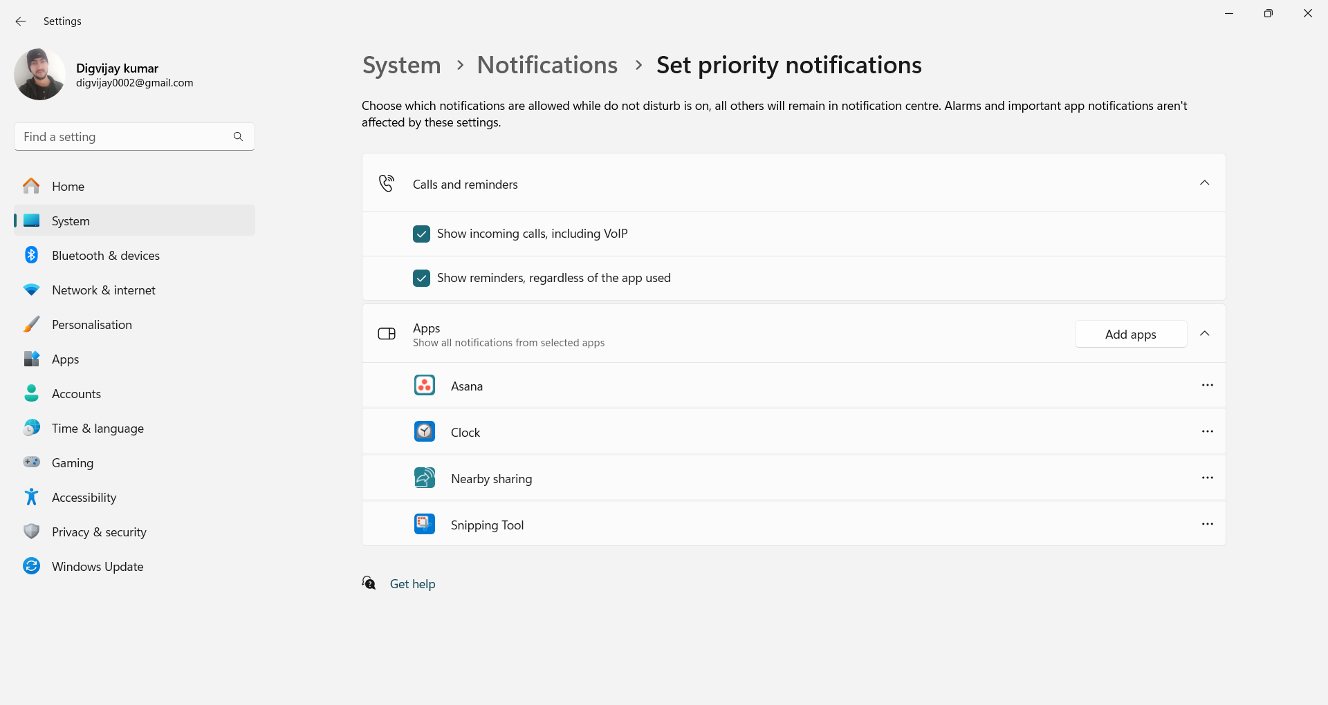 Set priority notificaiton in Windows Settings menu