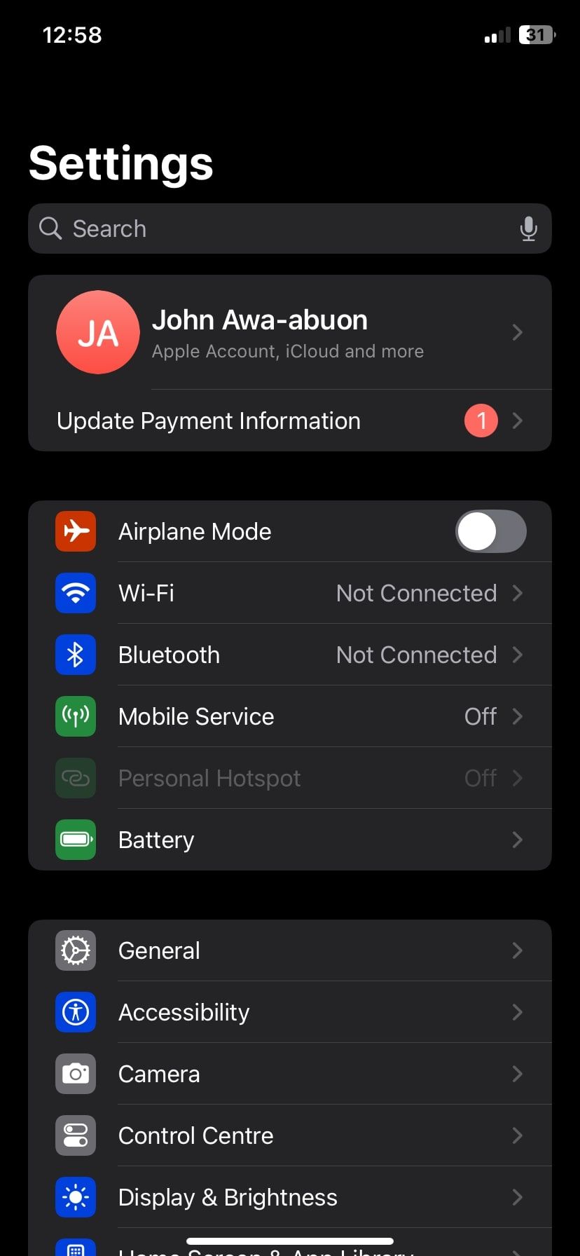 صفحه تنظیمات در iOS