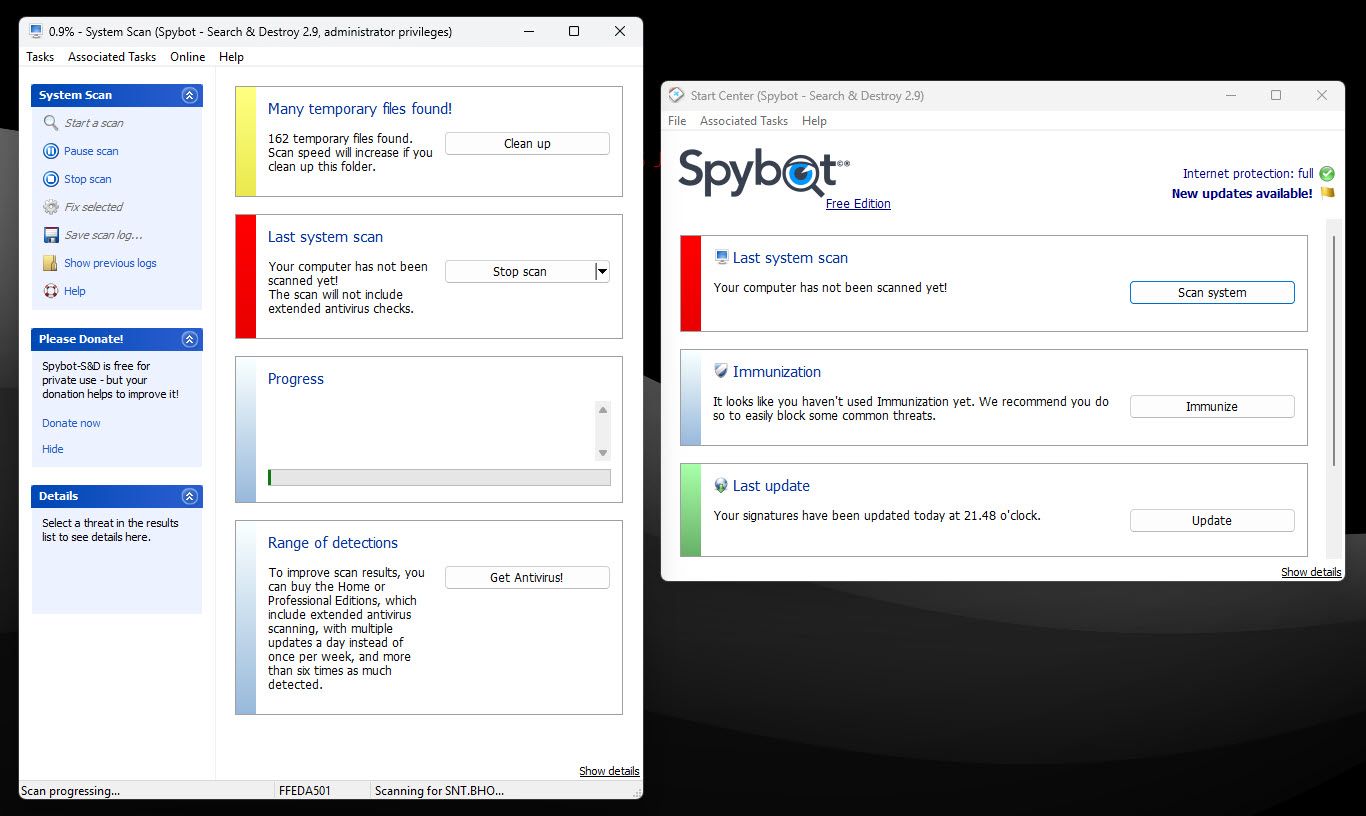 اسکن Spybot یک کامپیوتر ویندوز