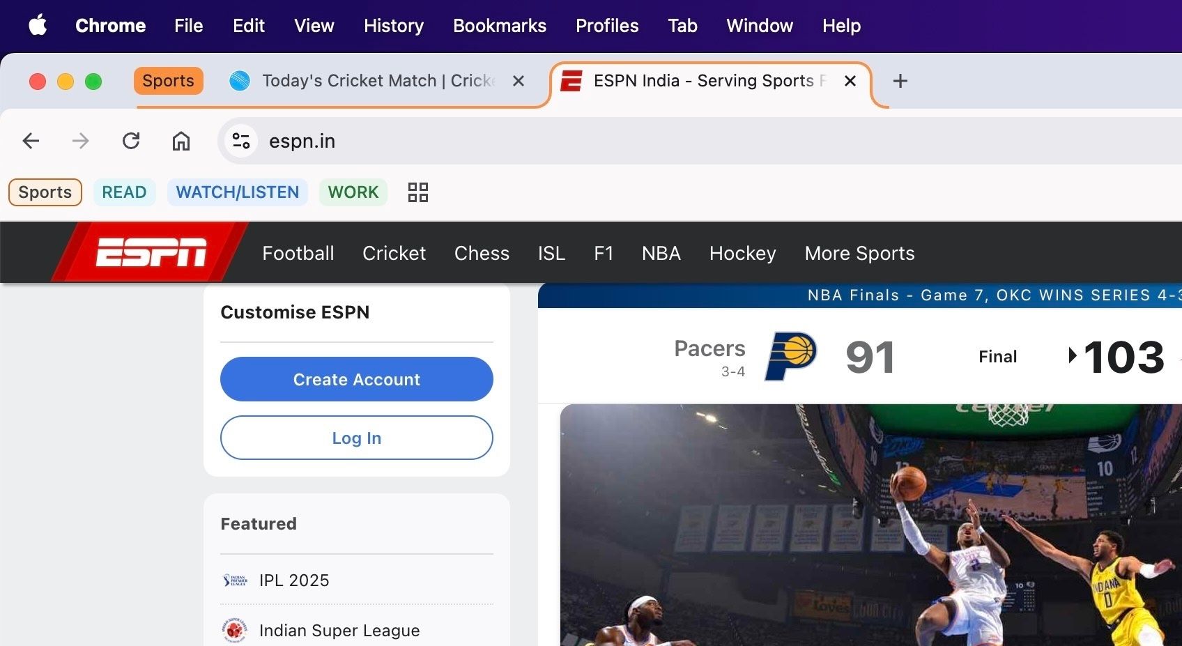 Chrome Tab Groups listed in the bookmark menu on a Mac.